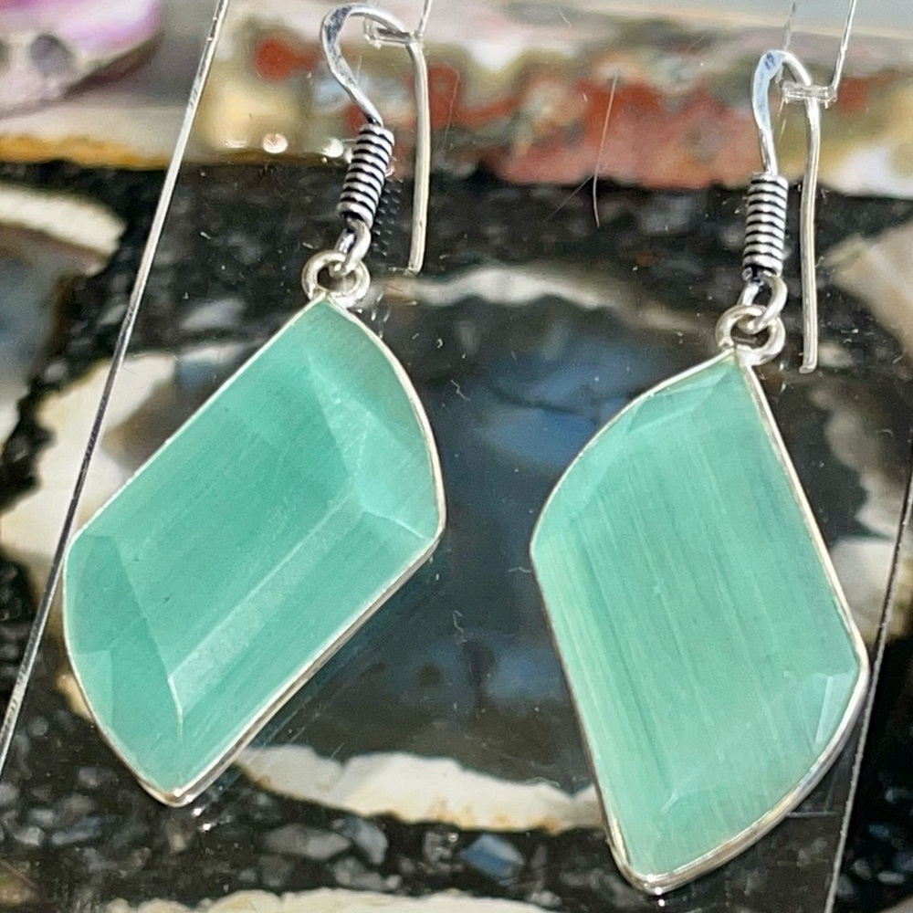 Blue Green Cat’s Eye Earrings 1 7/8”